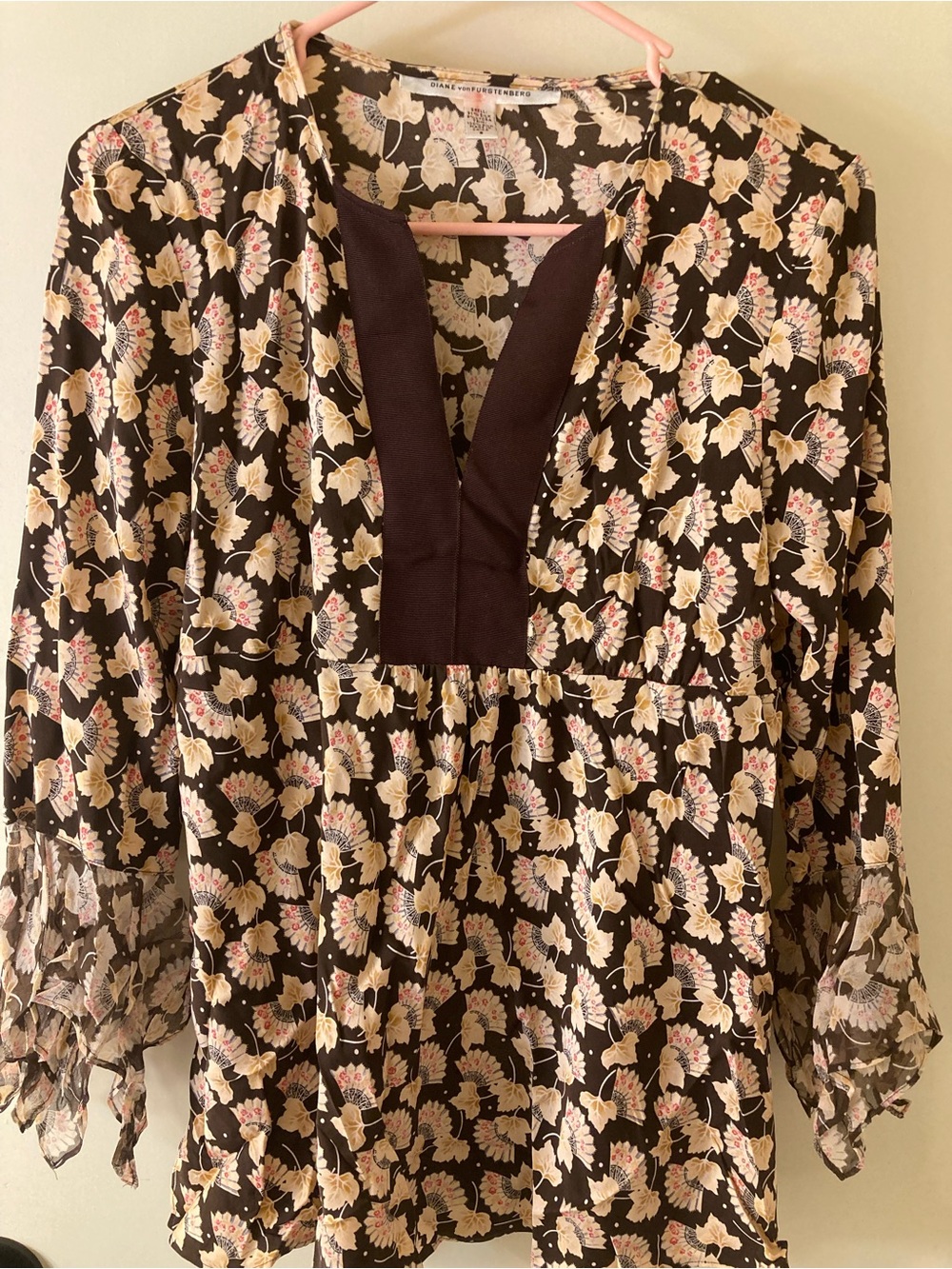 Diane Von Furstenberg Black Floral V-Neck Tunic with Cream and Pink Accents